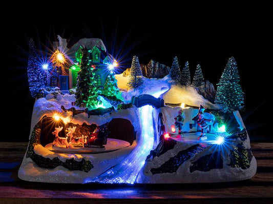 LED Winterdorf mit drehendem Elementen, Weihnachtsdeko mit bunter Beleuchtung, detailgetreu, Bachlauf mit Farbwechsel
