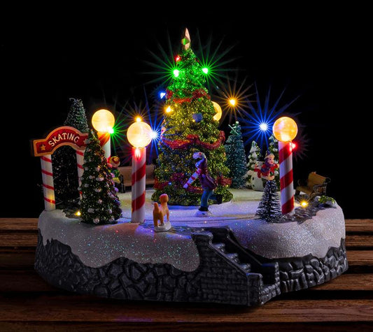 LED Winterlandschaft mit drehender Eislauffläche, Beleuchtung und Melodie, praktische Timerfunktion