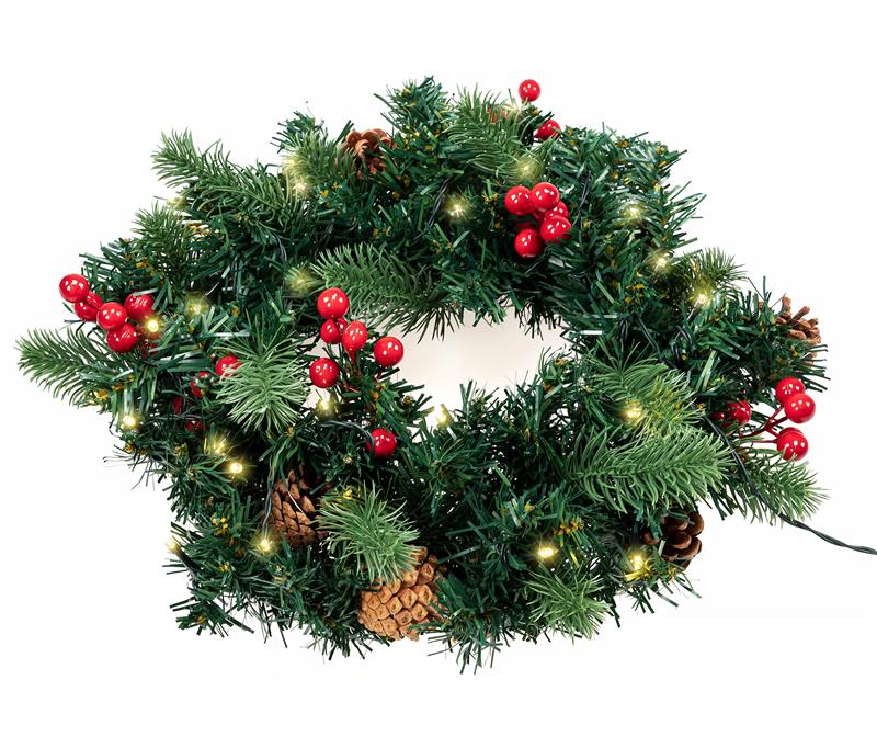 LED Tannenkranz mit 30 warm-weißen LEDs, ca. Ø 32 cm, mit Beeren und Tannenzapfen geschmückt, als Tischkranz oder Türkranz nutzbar, batteriebetrieben