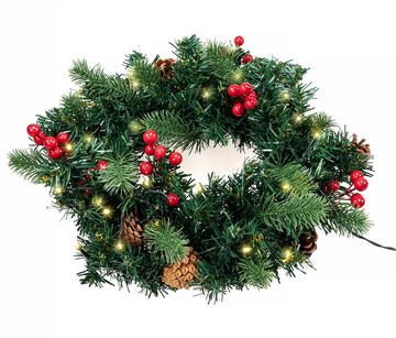LED Tannenkranz mit 30 warm-weißen LEDs, ca. Ø 32 cm, mit Beeren und Tannenzapfen geschmückt, als Tischkranz oder Türkranz nutzbar, batteriebetrieben