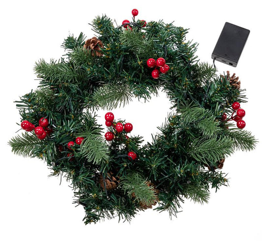 LED Tannenkranz mit 30 warm-weißen LEDs, ca. Ø 32 cm, mit Beeren und Tannenzapfen geschmückt, als Tischkranz oder Türkranz nutzbar, batteriebetrieben