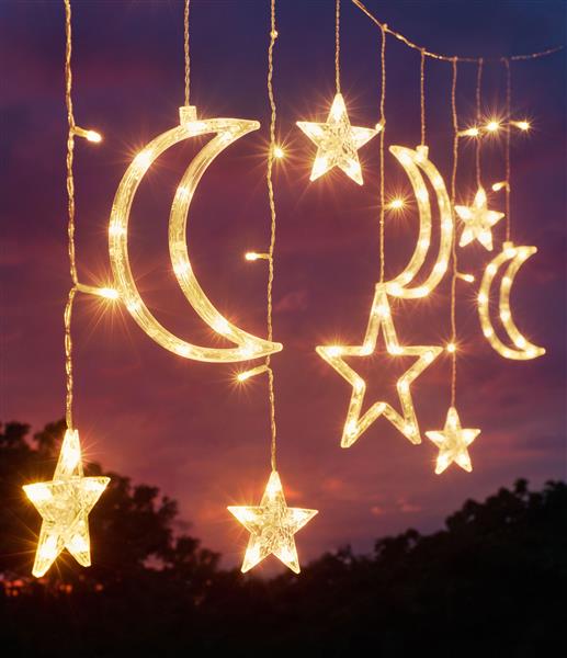 LED Sternenvorhang Lichterkette für Innen und Außen mit Mond & Sternen, 93 LEDs, ca. 180 cm breit