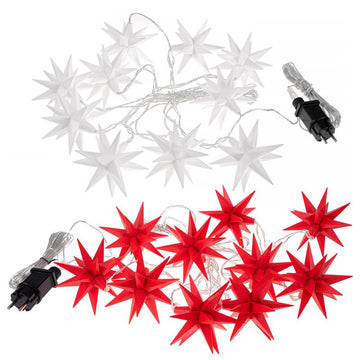 3D Leuchtstern Lichterkette mit 10 LED-Sternen, ca. 6,75m + Zuleitung, für Innenbereich und Außenbereich, warm-weiß beleuchtet, Timerfunktion