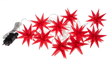 3D Leuchtstern Lichterkette mit 10 LED-Sternen, ca. 6,75m + Zuleitung, für Innenbereich und Außenbereich, warm-weiß beleuchtet, Timerfunktion (rot, B-Ware)