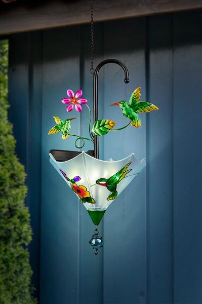 Hängeleuchte Regenschirm für außen mit Solar Drahtlichterkette | ca. 52 cm | inkl. Aufhängung | Solarleuchte mit Blechfiguren