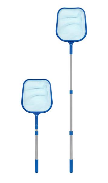 Poolkescher mit Teleskopstiel und feinmaschigen flachen Netz zur Poolreinigung | Länge ca. 90 – 150 cm | Kescher mit Alu Stab