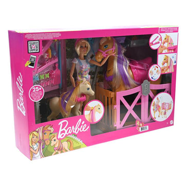 Barbie GXV77 - Frisier- und Reitspaß, Spielset mit Pferd, Pony, Puppe und über 20 Zubehörteilen, 3 Jahren