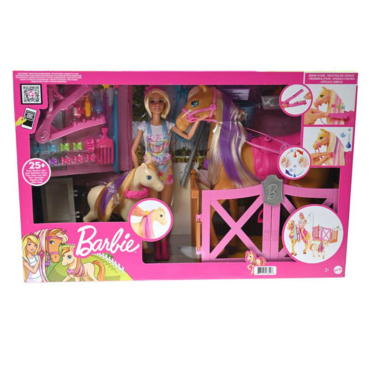Barbie GXV77 - Frisier- und Reitspaß, Spielset mit Pferd, Pony, Puppe und über 20 Zubehörteilen, 3 Jahren