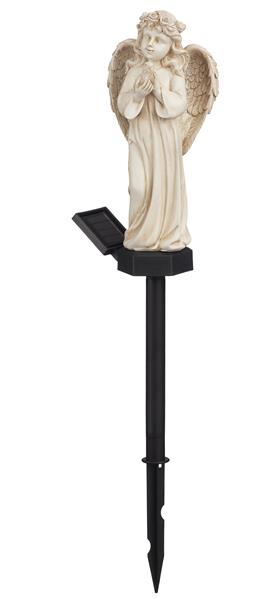 Engel Figur mit Solar LED Licht, aus Kunststein gefertigt, inkl. Erdspieß, ca. 49 cm hoch, wetterfest, ideal zur Deko im Garten als Gartenstecker oder als Grabschmuck ("Johanna" - stehend)