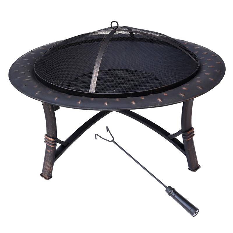 Feuerschale mit Funkenschutz und Schürhaken für den Garten | ca. Ø 90 cm | Vintage Design bronze | moderne Feuerstelle aus Stahl