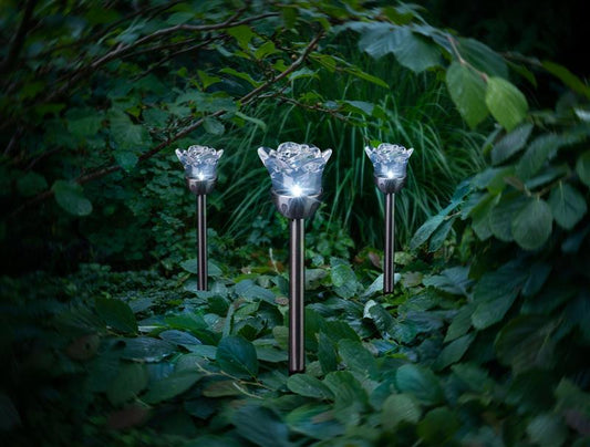 4er Set Solar Edelstahl Gartensteckleuchten mit Lampenkopf in Rosenform, kalt-weiße LED, Gesamthöhe ca. 36,5 cm