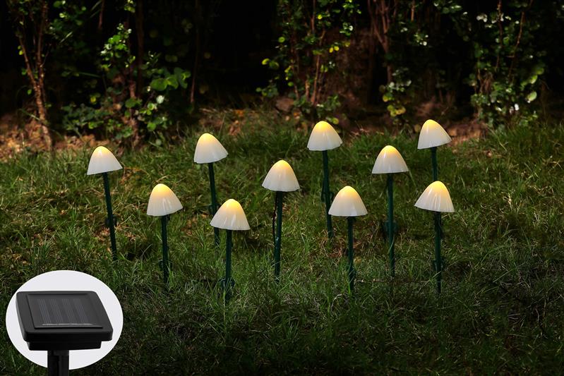 10 Solar Pilze als Boden-Lichterkette | warm-weiße Pilzleuchte | ca. 470 cm + 200 cm Zuleitung |dekorative Solarleuchten für Garten, Balkon, Terrasse