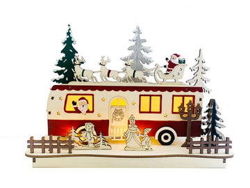 LED Camper Weihnachten aus Holz mit warm-weißen Lichtern beleuchtet, teillackiert, ca. 26 x 19 cm lang, moderne Weihnachtsdekoration