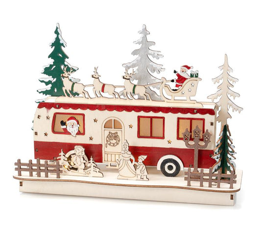 LED Camper Weihnachten aus Holz mit warm-weißen Lichtern beleuchtet, teillackiert, ca. 26 x 19 cm lang, moderne Weihnachtsdekoration