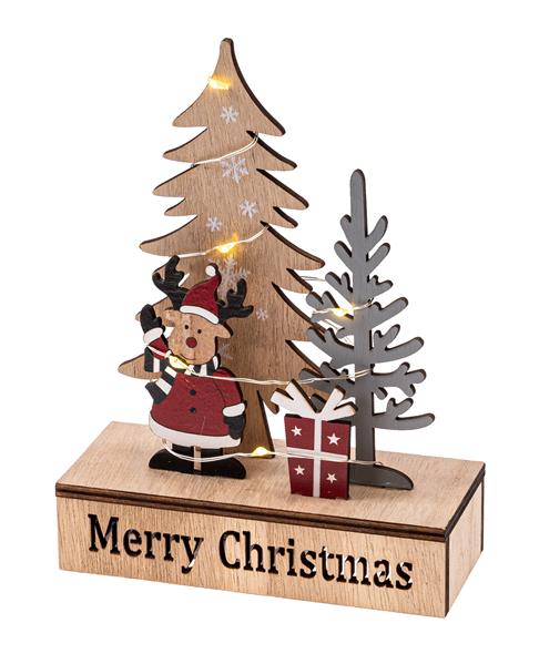 LED Weihnachtsszenerie mit Weihnachtselch aus Holz mit warm-weißen Lichtern beleuchtet, teillackiert, ca. 12 x 5 x 16,2 cm, moderne Weihnachtsdekoration