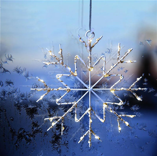 LED Fensterbild Schneeflocke aus Metall mit einer 48er Drahtlichterkette beleuchtet, batteriebetrieben, ca. Ø 20 cm, weiß, Fensterschmuck hängend
