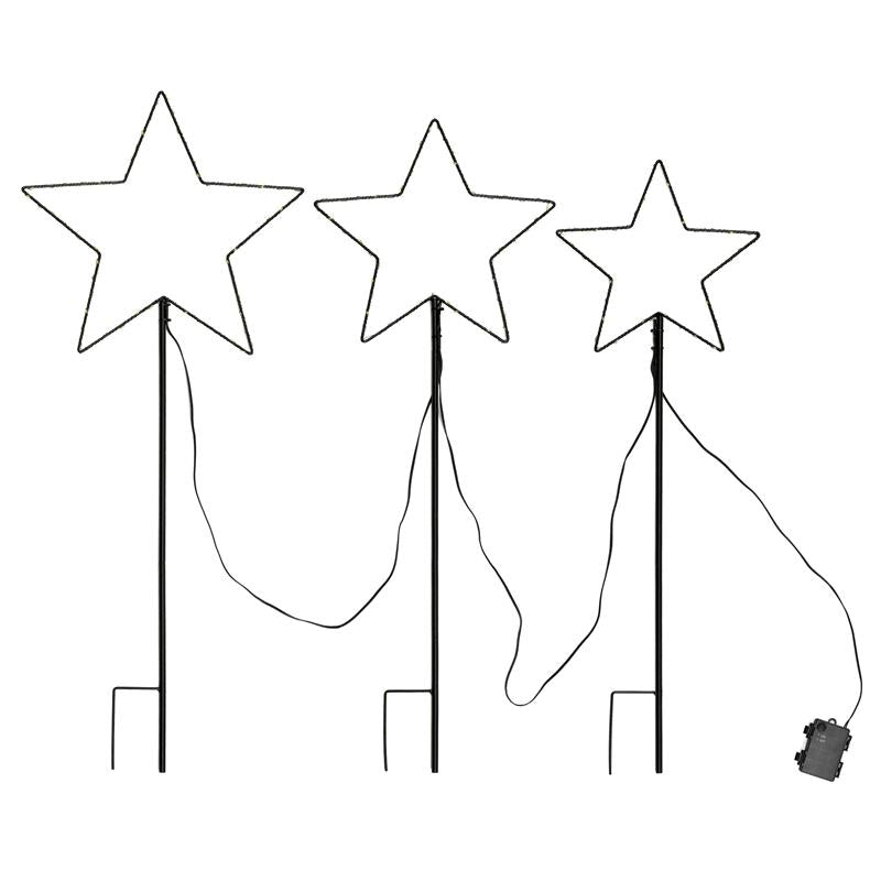 3er Set Weihnachtssterne aus Metall für Außen mit Erdspieß, 3 Größen 25 30 35 cm, schwarz mit warm-weißen LEDs, gesamt 150 LEDs, batteriebetrieben