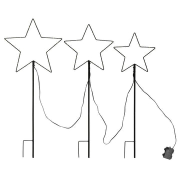 3er Set Weihnachtssterne aus Metall für Außen mit Erdspieß, 3 Größen 25 30 35 cm, schwarz mit warm-weißen LEDs, gesamt 150 LEDs, batteriebetrieben