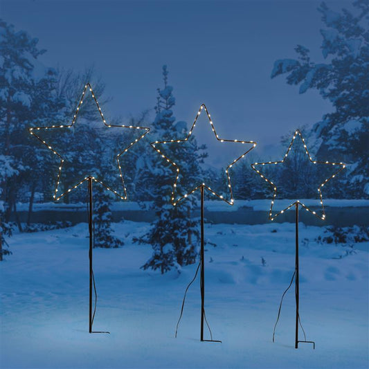3er Set Weihnachtssterne aus Metall für Außen mit Erdspieß, 3 Größen 25 30 35 cm, schwarz mit warm-weißen LEDs, gesamt 150 LEDs, batteriebetrieben