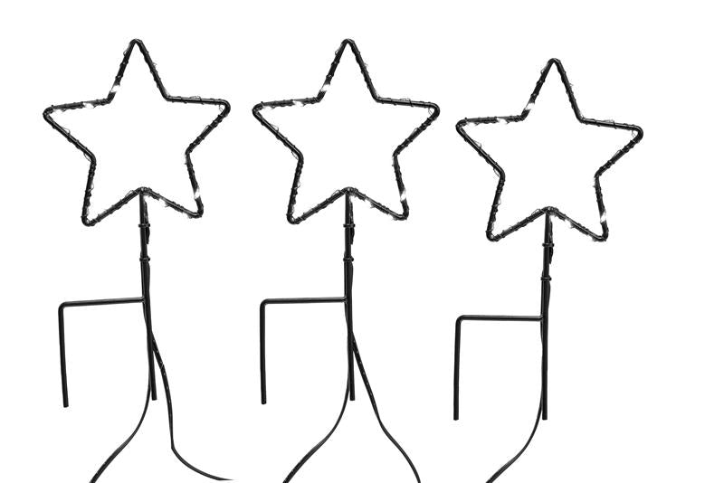 3er Set Weihnachtssterne aus Metall für Außen mit Erdspieß, Ø ca. 10 cm / 19 cm hoch, schwarz mit warm-weißen LEDs, gesamt 60 LEDs, batteriebetrieben
