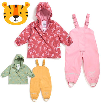 Regenanzug-Set für Kinder bestehend aus Regenhose und Regenjacke | mit Fleece gefüttert | Öko-Tex | winddicht | wasserdicht | mit Kapuze | Kinder Matsch und Buddelanzug für Jungen und Mädchen