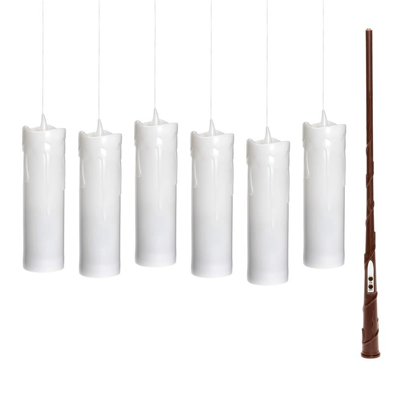 6 schwebende LED Kerzen mit Zauberstab als Fernbedienung am Nylonfaden | Innen und Außen | hängend | inkl. Batterien | magische Halloween Deko & Weihnachtsdeko