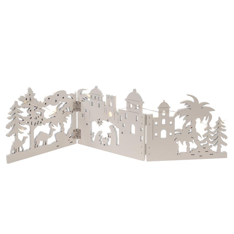 LED Holz-Landschaft zum Klappen, beleuchtet mit 10 warm-weißen LEDs, weiße Weihnachtsdeko zum Hinstellen, batteriebetrieben, aus Echtholz