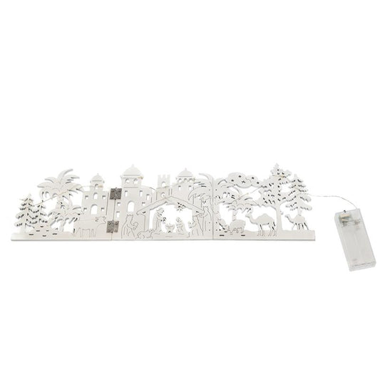 LED Holz-Landschaft zum Klappen, beleuchtet mit 10 warm-weißen LEDs, weiße Weihnachtsdeko zum Hinstellen, batteriebetrieben, aus Echtholz