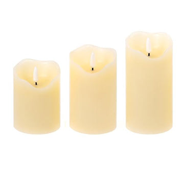 Echtwachs LED Kerzen mit Timer, 3er Set, realistische 3D Docht-Flamme mit Flacker-Effekt, 3 Größen, Ø 7,5 cm, flammenlose Kerzenlichter