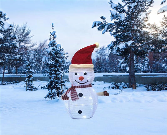 Pop-Up Schneemann mit 45 Lichtern beleuchtet für Außen (geschützt) und Innen | kaltweiße LEDs, mit Funkeleffekt und Timer | robustes Metallgerüst mit Stoffüberzug