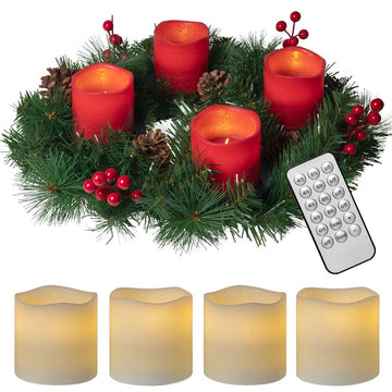 Künstlicher Adventskranz Ø 45 cm mit 4 LED Kerzen aus Echtwachs in rot oder creme | praktische Fernbedienung mit Timer und Lichtfunktionen | inkl. Kerzenhalter | nadelfrei