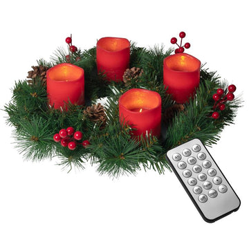 Künstlicher Adventskranz Ø 45 cm mit 4 LED Kerzen aus Echtwachs in rot oder creme | praktische Fernbedienung mit Timer und Lichtfunktionen | inkl. Kerzenhalter | nadelfrei (rot // B-Ware)