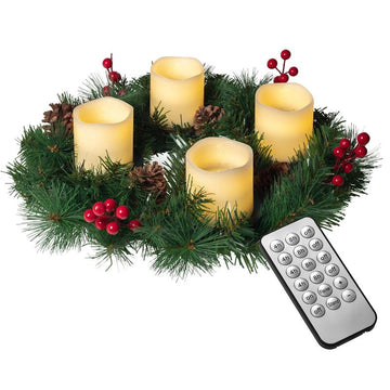 Künstlicher Adventskranz Ø 45 cm mit 4 LED Kerzen aus Echtwachs in rot oder creme | praktische Fernbedienung mit Timer und Lichtfunktionen | inkl. Kerzenhalter | nadelfrei (creme // B-Ware)