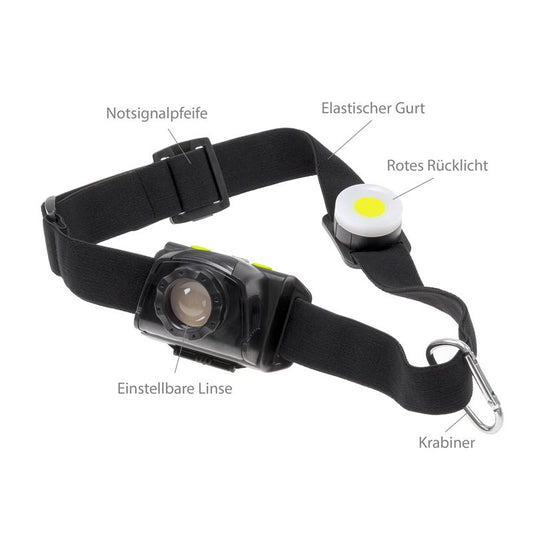 LED Stirnleuchte mit Rücklicht | verstellbarer Lichtstrahl | inkl. Batterien | wasserdicht | 3-stufige Leuchtstärke + Blink-Funktion