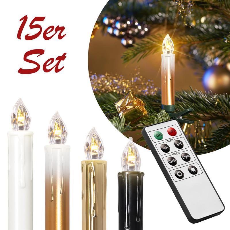 15 kabellose LED Christbaumkerzen mit Fernbedienung | Komplett-Set | flammenlose Kerzen mit Tropfen | perfekte Alternative zur Lichterkette