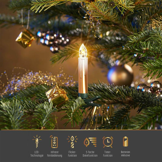 25 kabellose LED Christbaumkerzen mit Fernbedienung | Komplett-Set | flammenlose Kerzen mit Tropfen | perfekte Alternative zur Lichterkette (B-Ware // creme gold)