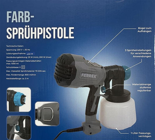 Ferex Farbsprühgerät | 450 Watt | Fördermenge: 800 ml/min | Kabellänge ca. 5 Meter