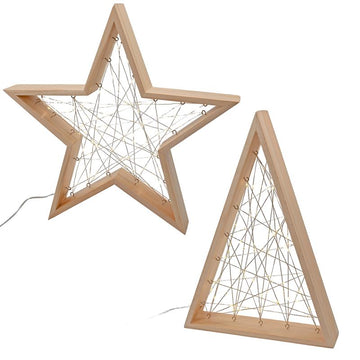 LED Stern oder Tanne aus Holz mit Lichterkette beleuchtet | 60 warm-weiße Lichter | moderne Weihnachtsdeko zum hinstellen | batteriebetrieben | Timer