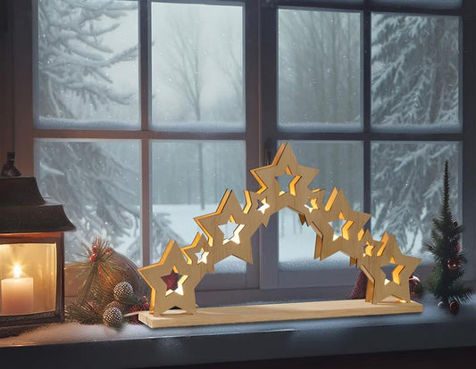 LED Stern oder Tanne aus Holz mit Lichterkette beleuchtet | 60 warm-weiße Lichter | moderne Weihnachtsdeko zum hinstellen | batteriebetrieben | Timer