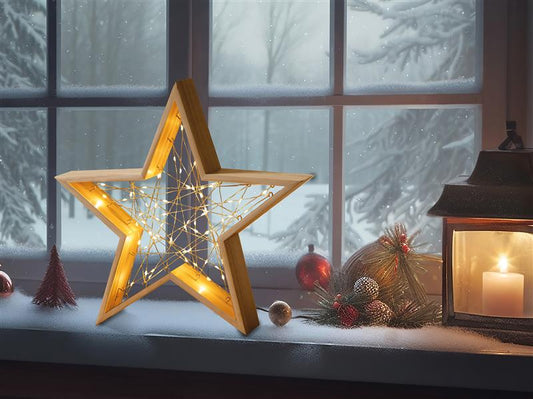 LED Stern oder Tanne aus Holz mit Lichterkette beleuchtet | 60 warm-weiße Lichter | moderne Weihnachtsdeko zum hinstellen | batteriebetrieben | Timer (Stern)