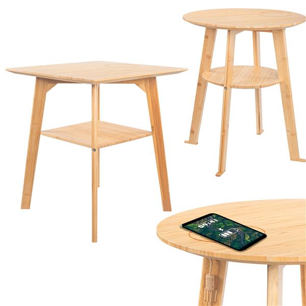 Beistelltisch aus Bambus-Holz mit Qi Ladestation für Handys, max 10 Watt ohne Netzteil, rund oder eckig, ca. 48 cm hoch (B-Ware)