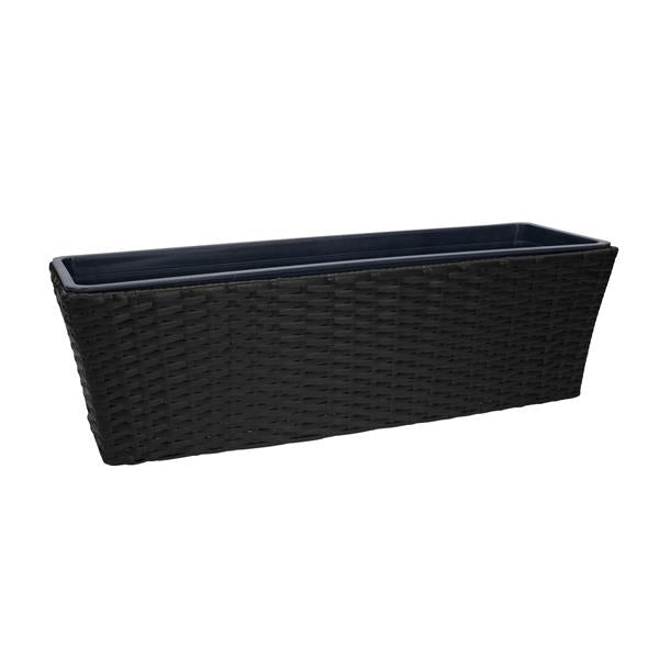 Balkonkasten mit Halterung in Rattan-Optik | ca. 60 cm breit | ca. 11 Liter Fassungsvolumen | ohne Wasserspeicher | inkl. Pflanzschale | hochwertiger Kunststoff | Blumenkasten zum Hängen oder Hinstellen