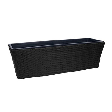 Balkonkasten mit Halterung in Rattan-Optik | ca. 60 cm breit | ca. 11 Liter Fassungsvolumen | ohne Wasserspeicher | inkl. Pflanzschale | hochwertiger Kunststoff | Blumenkasten zum Hängen oder Hinstellen