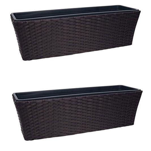 Balkonkasten mit Halterung in Rattan-Optik | ca. 60 cm breit | ca. 11 Liter Fassungsvolumen | ohne Wasserspeicher | inkl. Pflanzschale | hochwertiger Kunststoff | Blumenkasten zum Hängen oder Hinstellen