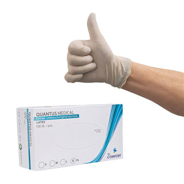 Quantus Medical Latex Einmal-Untersuchungshandschuhe, puderfrei, unsteril, beige, MHD 05/2025