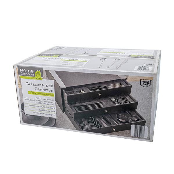 150 tlg. Besteckset / Tafelbesteck im Besteckkasten, für bis zu 12 / 15 Personen, aus Edelstahl, hochglanzpoliert, spülmaschinengeeignet (B-Ware)