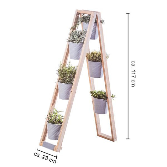 Blumenständer aus Holz mit 6 Metall Töpfen, als Blumenleiter oder als Pflanzenständer verwendbar, ca. 234 / 117 cm hoch