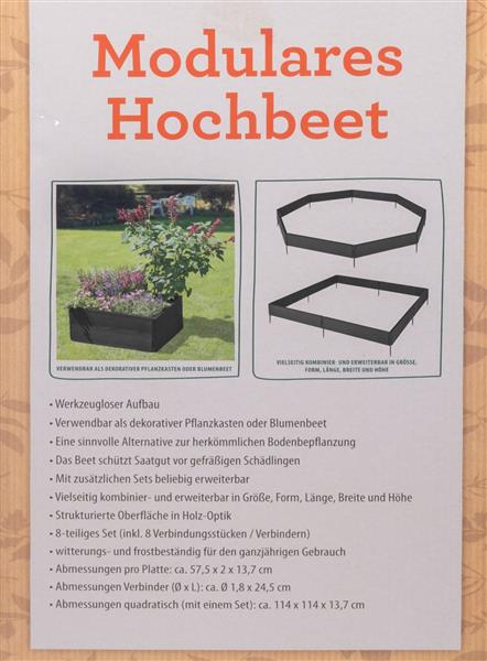 8 teiliges variables Hochbeet aus Kunststoff, in Holz-Optik, ca. 114 x 114 x 13,7 cm, einfache und schnelle Montage, erweiterbar
