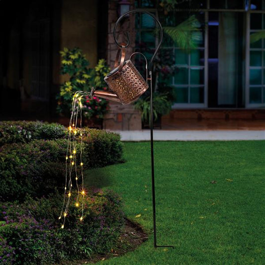 Deko Solar LED Gießkanne aus Metall mit LED-Lichterschweif, Solarleuchte mit 25 LEDs beleuchtet, Gartendeko im vintage-Look (kupfer)