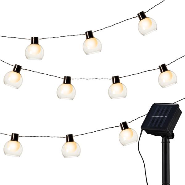 Solar Lichterkette für außen mit Smokey Rauchglas-Optik Lampenschirm | 10 Glühbirnen Ø ca. 7 cm | 200 cm + Zuleitung zum Solarpanel | Deko-Beleuchtung für Garten, Terrasse, Balkon
